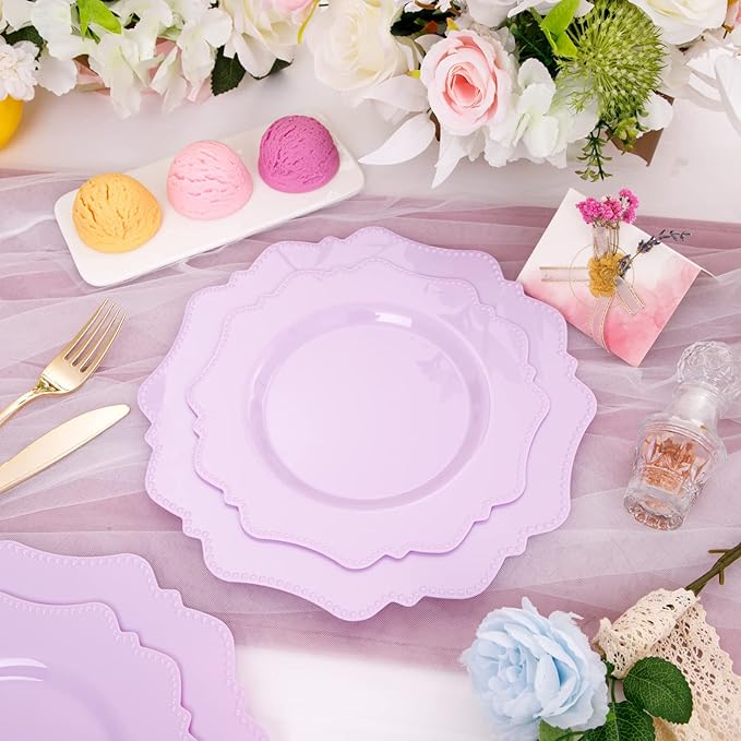COLOSUS 60Pcs Lavender Purple Plastic Plates set,Heavy Duty Purple Disposable Plates include 30 Dinner plate 10.5??and 30 Salad/Dessert Plate 8.25??for Party and wedding