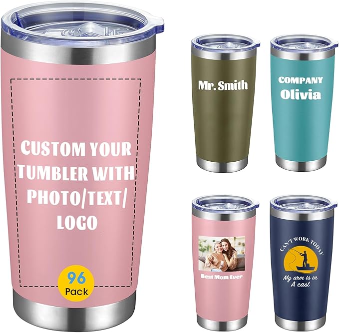 COMOOO Personalized 20oz Stainless Steel Tumbler with Lid, Insulated Tumbler Custom Gift with Text, Photo, Logo for Men, Women, Friends竊똏ink, 96 Pack