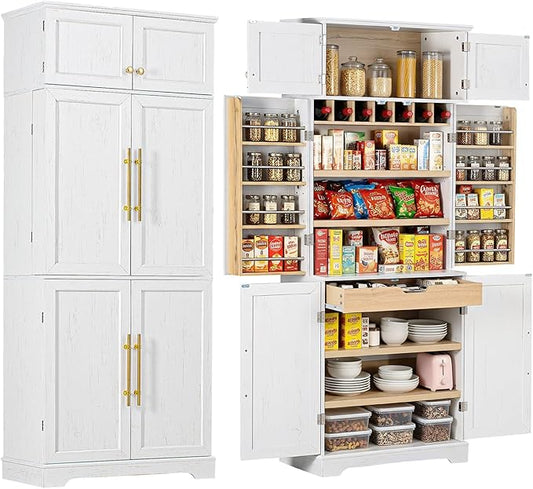 78" Farmhouse Tall Kitchen Pantry Cabinet, Wood Storage Cabinets with Hidden Drawer and 4 Adjustable Shelves, Cupboard with Wine Rack and Door Shelves for Kitchen Dining Room, White