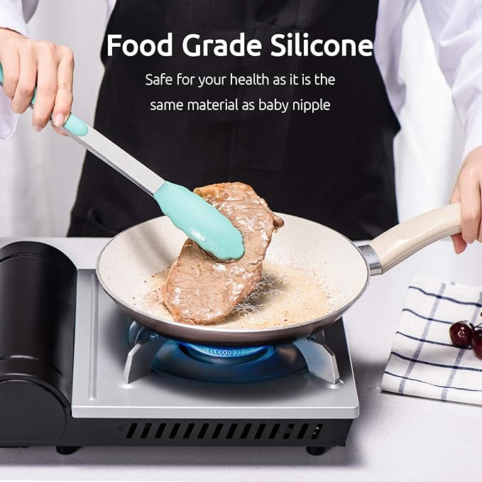Kitchen Tongs, U-Taste 7/9/12 inches Cooking Tongs, with 600쨘F High Heat-Resistant Non-Stick Silicone Tips, 18/8 Stainless Steel Handle, for Food Grill, Salad, BBQ, Frying, Serving, Pack of 3(Teal)
