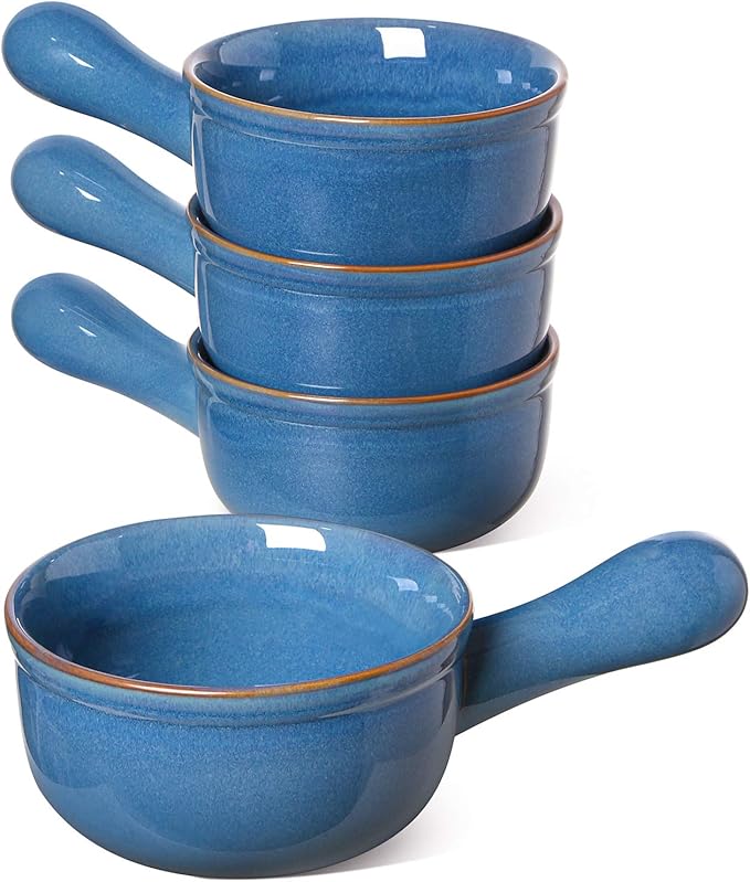 LE TAUCI Soup Bowls with Handle, 15 Oz Ceramic French Onion Soup Bowls, Large Soup Crocks Oven Safe for Stew, Onion, Soup, Chilli, Set of 4, Ceylon Blue