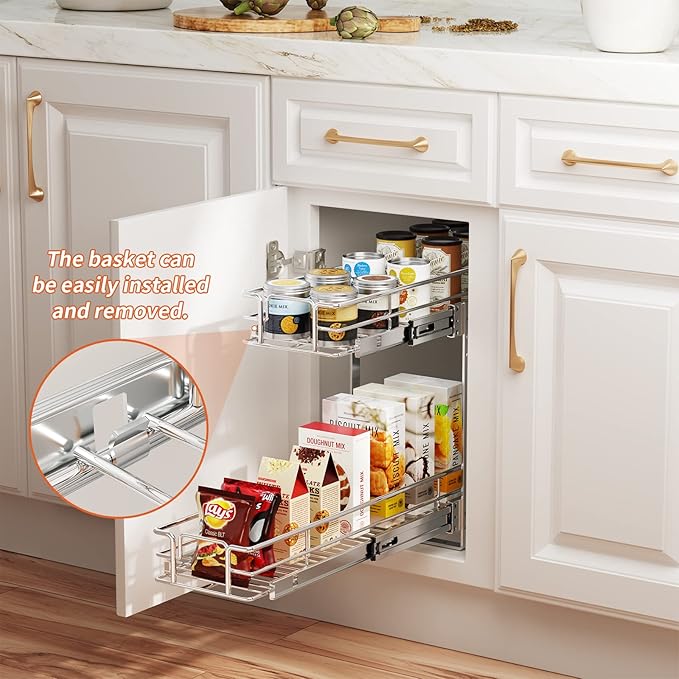 ROOMTEC Individual Pull Out Cabinet Organizer (9" W x 21쩍" D), 2 Tier Spice Rack Organizer for Cabinet, Slide Out Drawer Pantry Shelf Organization and Storage for Kitchen Bathroom