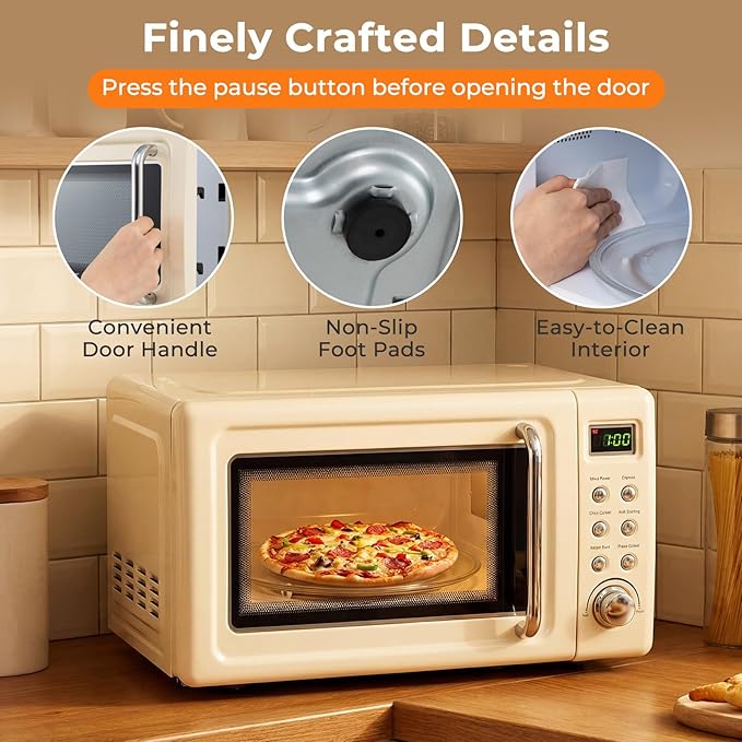 ARLIME Retro Microwave 0.7Cu.ft, 700 Watt Countertop Microwave with 5 Micro Power Defrost & Auto Cooking Function, LED Display, Child Lock, Small Microwave for Kitchen, RV, Dorm, Cream White