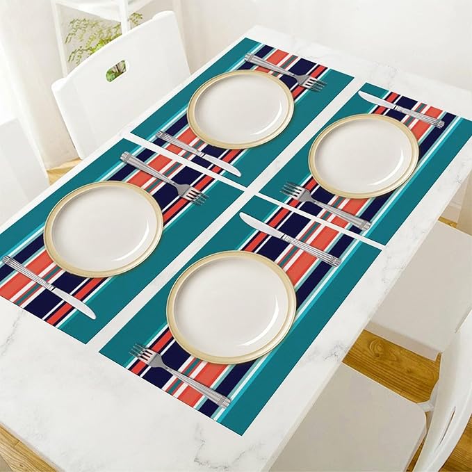 Modern Navy Teal Coral Navy Stripes Placemat, Set of 4 Heat Resistant PVC Place Mats for Kitchen Table