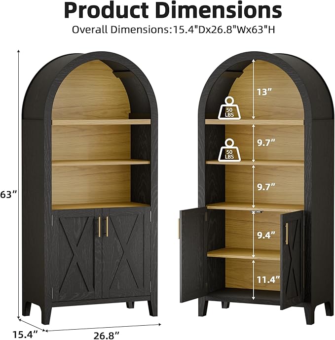 Arched Kitchen Pantry for, 63" Tall Wooden Entryway Storage Cabinet with 2 Doors & 5 Tier Adjustable Shelves, Versatile Farmhouse Hallway Organizer for Entryway, Bedroom, Dining Room