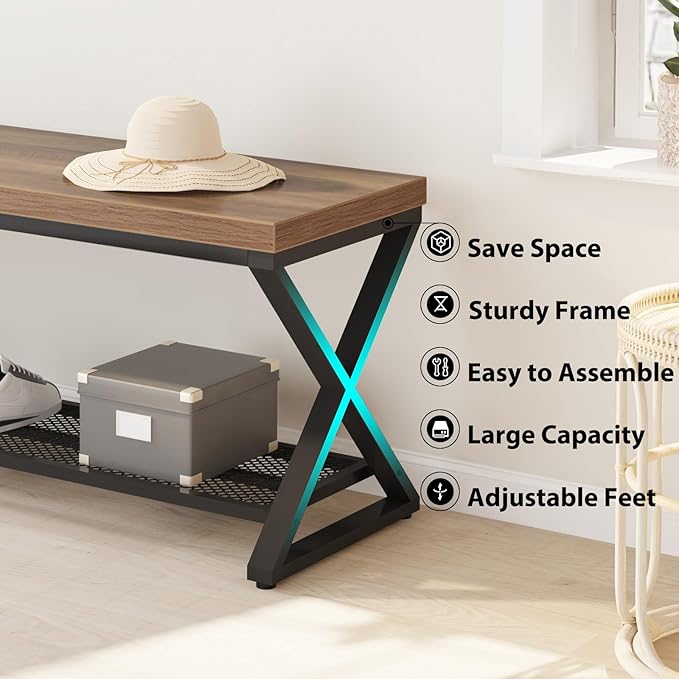 LVB Entryway Shoe Bench with Storage, 39??Entryway Bench for Foyer Hallway, Farmhouse Wood and Metal Indoor Bench for Entrance, Shoe Rack Storage Bench with Sitting for Living Room, Rustic Oak, 39 in