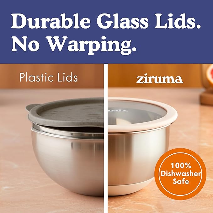 Ziruma Non-Toxic Mixing Bowls with Lids Set, Stainless Steel & Glass, 5 Pcs Plastic Free Bowls with Silicone Non-Slip Base, Dishwasher Safe Mixing Bowl Set