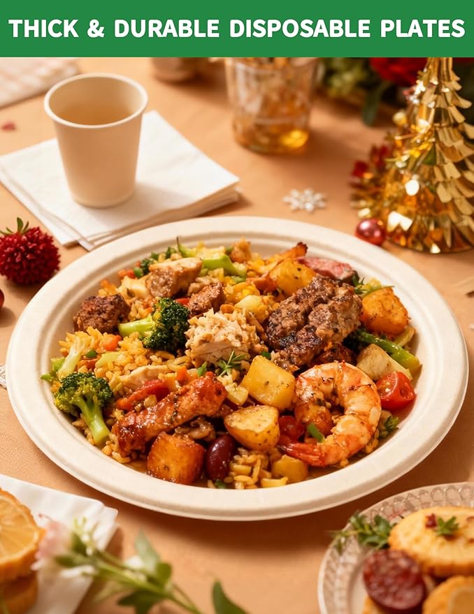 100Pack Disposable Paper Plates 100% Compostable Large Paper Plates Heavy Duty Biodegradable Plate 10Inch BPI Certified Eco-Friendly Plate Perfect for Daily Meals, Dinner, Parties, Wedding