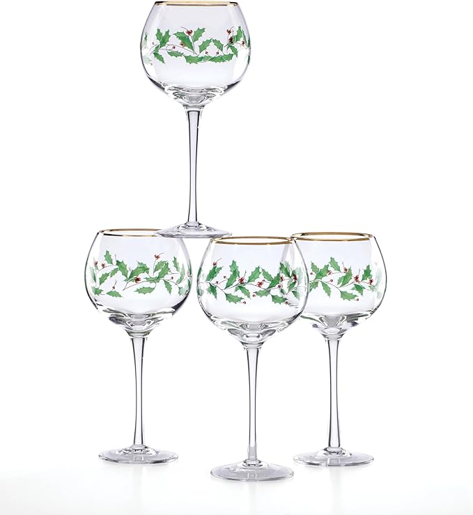 Lenox Drinkware, Holiday 4-Piece Wine Balloon Glass Set, Set Of 4, 14 Fl Oz Capacity, Made From Glass, Festive Red Christmas Design, Hand Wash Only, Christmas Decorations, Winter Decor (4 Piece)