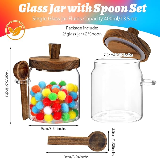 Small Glass Storage Jar with Lids Spoon Coffee Ground Canister Glass Food Containers Jar for Spice Nut Pasta Sugar Candy Rice Tea (400ml/13.5oz-2 pcs-with spoon)
