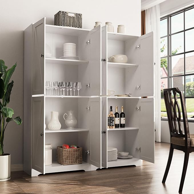 LYNSOM Farmhouse Storage Cabinet with Doors Set of 2, Kitchen Pantry Cabinet with 4 Barn Door and Adjustable Shelves, White Storage Cabinets for Kitchen, White