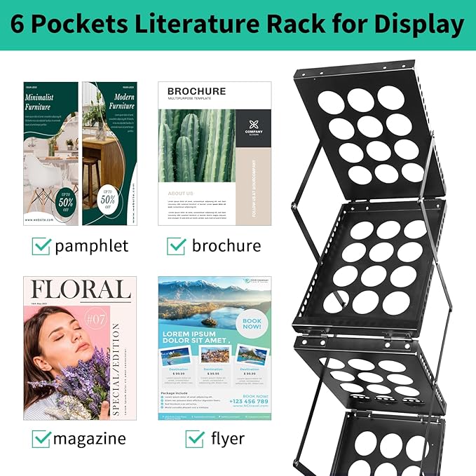 Folding Literature Rack, 6 Pockets Metal Brochure Holder Stand Floor Standing Magazine Rack竊똃ouble-sided Display Flyer Holder Stand Literature Stand for Trade Show Office Store Home