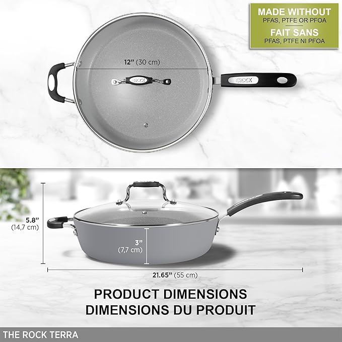 Starfrit The Rock Terra 30cm (12'') Ceramic Non-Stick Deep Fry Pan With Lid - Thick Aluminium Base - PFAS Free - Easy to Clean - Grey
