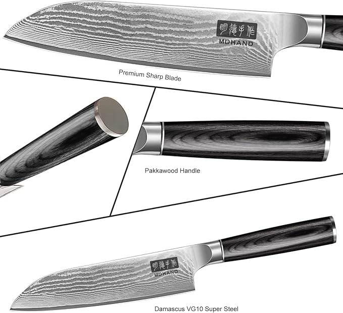 MDHAND Damascus Kitchen Knife Set 3-Piece, Ultra Sharp Professional 67 Layers 10Cr15CoMoV Super Steel Japanese Chef Knife Set with Pakkawood Handle, Including Chef, Santoku & Paring Knife, Elegant Box
