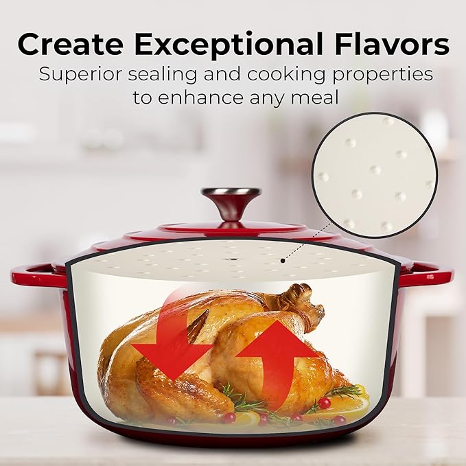 Zulay Kitchen 6 Quart Enameled Cast Iron Dutch Oven Pot with Lid ??Premium Durability & Oven Safe up to 500째F ??Heavy Duty Cookware Perfect for Bread Baking, Stews, Braising & Roasting ??Red
