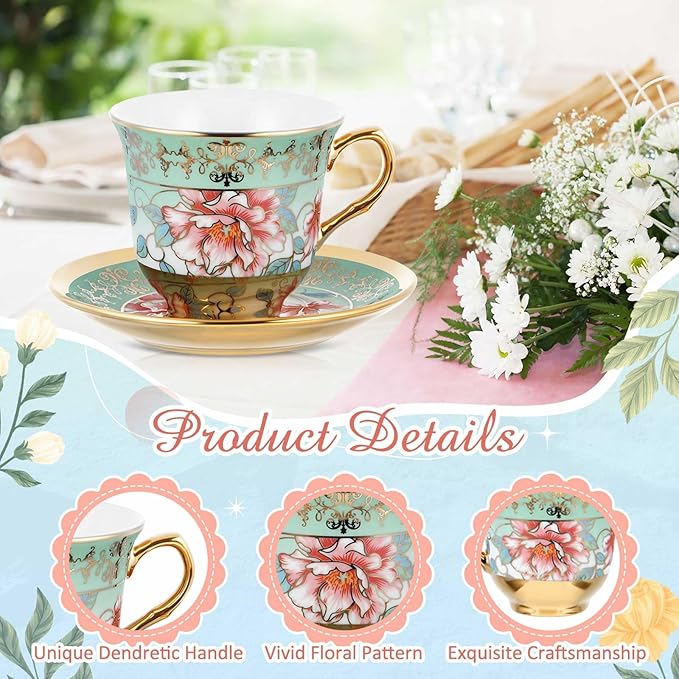 Set of 36 Tea Cups and Saucers Tea Party Decorations Floral Porcelain 5.4 oz British Gift for Women Birthday Party, Church, and Mother's Day (Stylish Style)