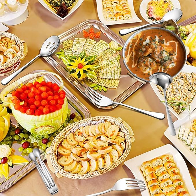 8 PCS Stainless Steel Serving Utensils, Large Serving Spoons Slotted Spoons, Forks, Ice Suger Tongs, Cake Server, Soup Ladle, Metal Utensils Set Great for Buffet Catering Banquet Party, Silver