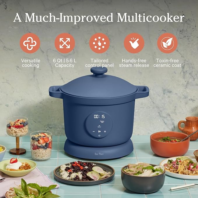Our Place Dream Cooker | 6 Qt Ceramic Nonstick Multicooker & Pressure Cooker with Touchscreen Controls & Auto Steam Release | 4 Modes: Pressure Cook, Saut챕/Sear, Slow Cook & Warm | Blue Salt