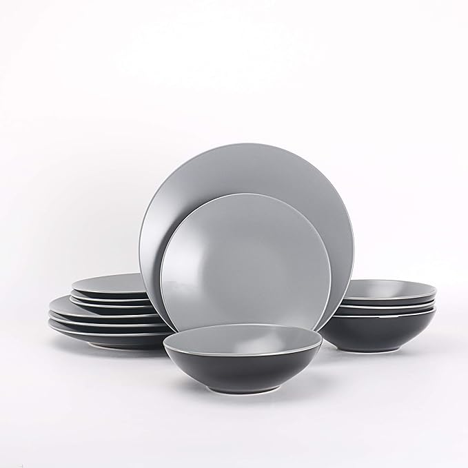 Stoneware Two-Tone Colors Life 12pc Dinner Set, Outside Shiny Black + Inside Matte Light Grey