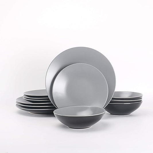 Stoneware Two-Tone Colors Life 12pc Dinner Set, Outside Shiny Black + Inside Matte Light Grey