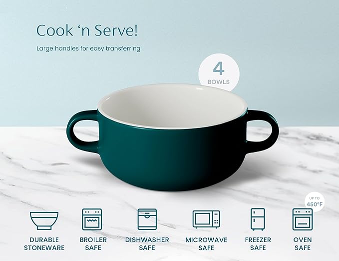 Kook Soup Crocks, Ceramic Bowls, Broil, Oven, Microwave and Dishwasher Safe, with Handles, For Casserole, Pasta, Cereal, 18 oz, Set of 4 (Hunter Green)