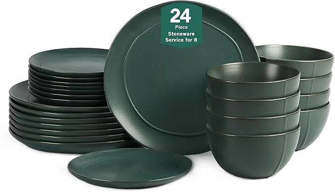 Stone Lain Infinity 24-Piece Dinnerware Set Stoneware, Plates and Bowls Set, Dishwasher and Microwave Safe, Dish Set for 8, Green
