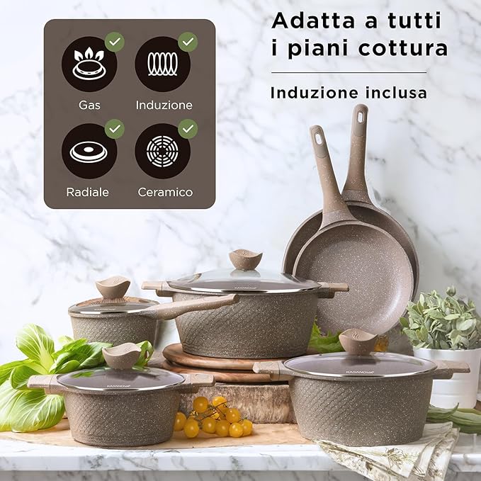 15Pcs Pots and Pans set for cooking nonstick, Aluminum cookware set with glass lids, Coffee maker and nylon kitchen tools, Induction safe, PFOA-free (15)