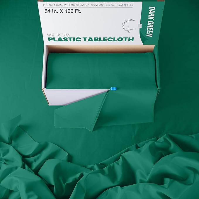 Party Solids 54 Inch X 100 Feet Dark Green Plastic Table Cover Roll in A Cut - to - Size Box with Convenient Slide Cutter. Cuts Up to 12 Rectangle 8 Feet Plastic Disposable Tablecloths