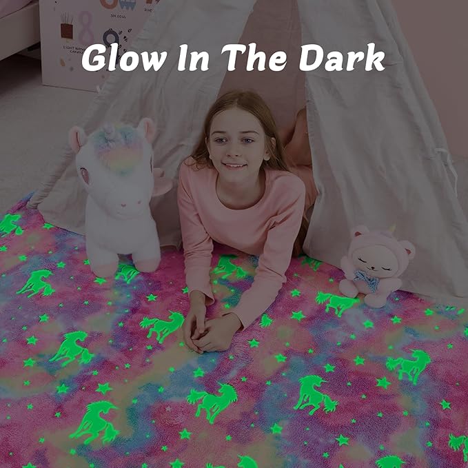 QSTEHEML Unicorn Glow in The Dark Blanket,Unicorn Gifts Toys for Kids Girl Age 3-12 Years Old,Birthday Gifts for Toddler, Teen,Christmas Birthday Bedroom Decor 50"횞60"