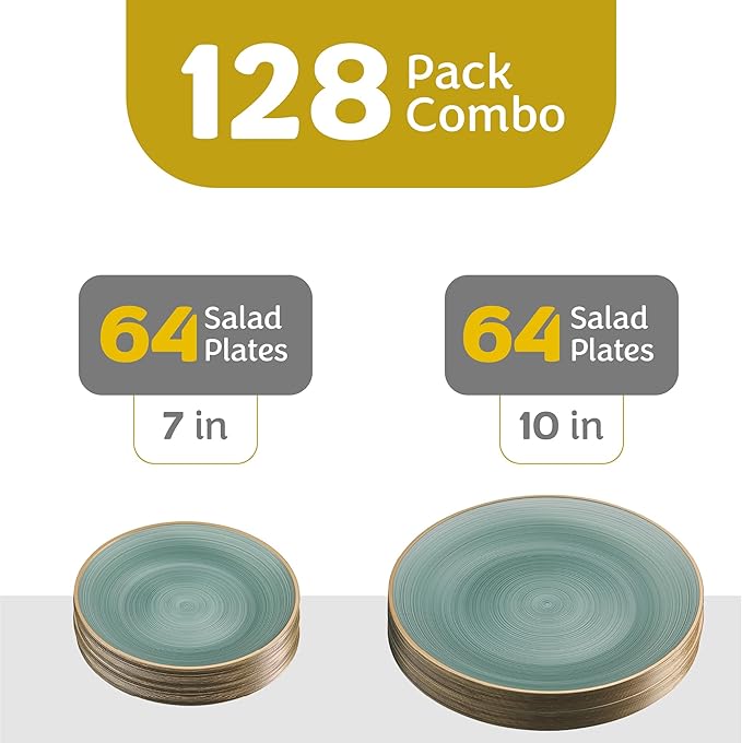 PLASTICPRO 128 Pieces Crystal Design Plastic Plates Combo Pack 7 inch and 10 inch Gold Rim Elegant Disposable Plates, Transparent Green