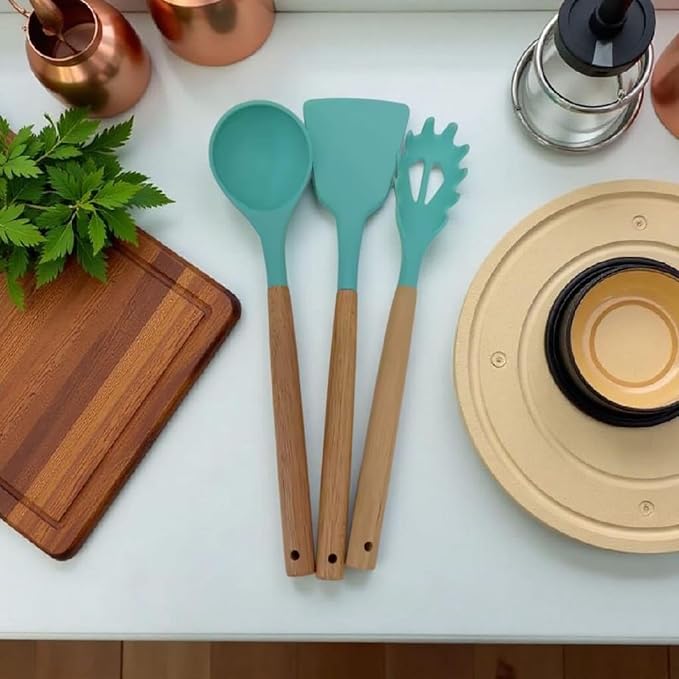 Silicone Cooking Spoons, 3-Piece Nonstick Utensil Set with Acacia Wood Handles - Heat-Resistant for Frying, Serving & Turning Spatula