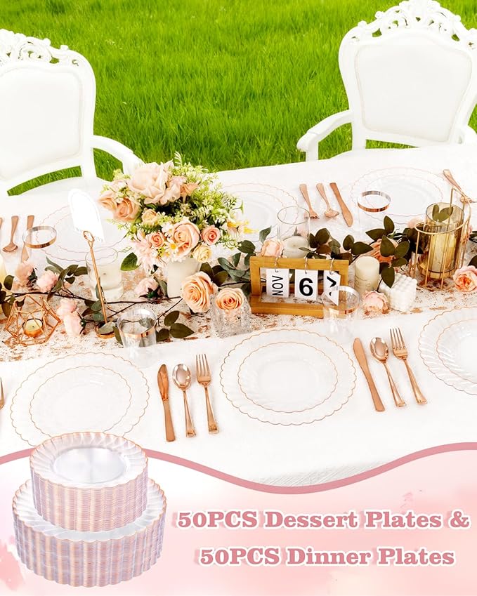 YOUBET 100PCS Rose Gold Scalloped Plastic Plates - Heavy Duty Clear Rose Disposable Fancy Hard Plates Include 50 Dinner Plate, 50 Dessert Plate for Wedding & Baby Shower Party