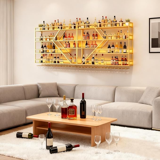 79in Large Wall Mounted Wine Rack, 4 Tier Modern Diamond Shaped Floating Bar Wine Storage Display Shelf, Metal Industrial Liquor Bottles Shelves Wine Glass Holder (Gold, 4 Tier,79in)