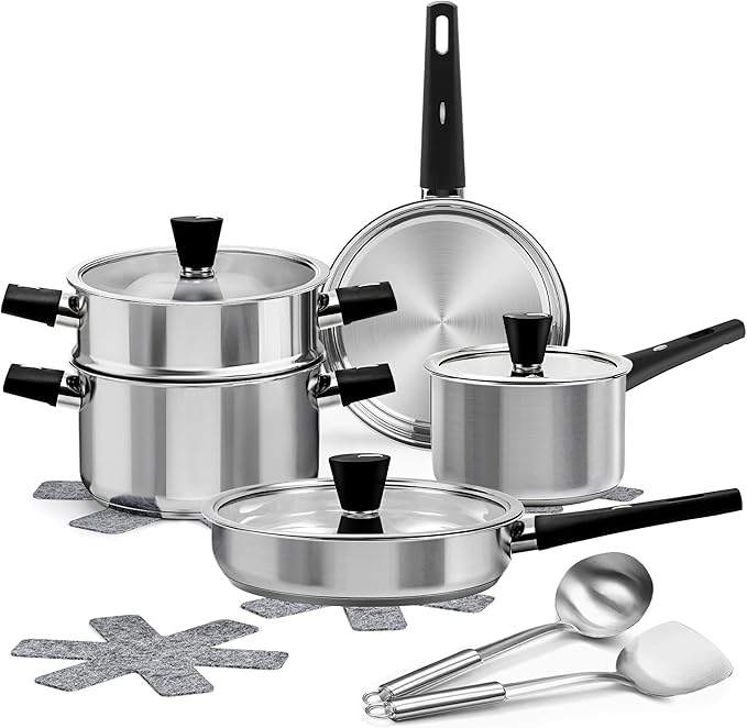 Meythway 14-Piece Stainless Steel Cookware Set for Induction Stovetops ??Non-Toxic Pots & Pans with Stay-Cool Handles, Glass Lids, Steamer, Pot Mats & Utensils ??Dishwasher Safe Kitchen Cookware