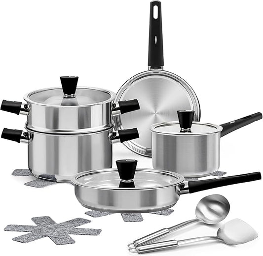 Meythway 14-Piece Stainless Steel Cookware Set for Induction Stovetops ??Non-Toxic Pots & Pans with Stay-Cool Handles, Glass Lids, Steamer, Pot Mats & Utensils ??Dishwasher Safe Kitchen Cookware