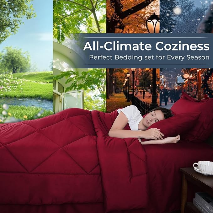 HEVUMYI Red Full Comforter Set - 7-Piece All Season Bed in a Bag Full, Ultra Soft Bedding Set with Comforter, Flat Sheet, Fitted Sheet, Pillowcases, Pillow Shams