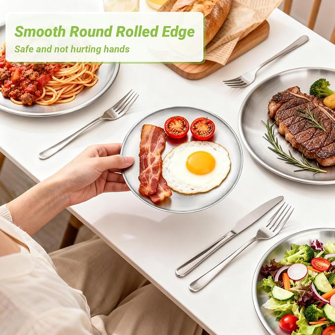 8 Stainless Steel Plates, 7.8 inch Small 201 Metal Camping Plate, Reusable Food Serving Dish Snack Eating Dishes Round Shatterproof Brushed Finish Silver Dish for Dinner Oven Dishwasher Safe