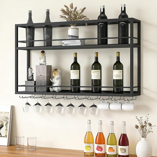 Industrial Wall Mounted Wine Rack, 2-Tier Wood Wine Bottle Shelf with Stemware Rack, Black Wine Glass Rack Multi Functional Wine Storage Display Rack for Home Bar Dining Room Kitchen (31.4횞7.8횞26in)