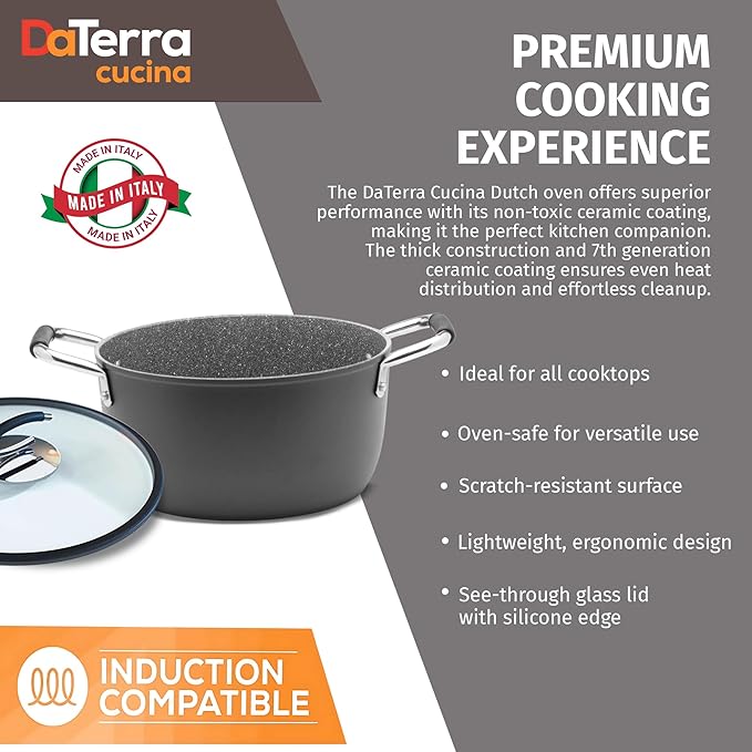 DaTerra Cucina - 5 Qt Nonstick Ceramic Dutch Oven Pot with Lid ??Lightweight Nonstick Pot with Dual Handles, Perfect for Soup, Pasta, Saut챕ing, Searing, Induction & Stovetop Safe - Black
