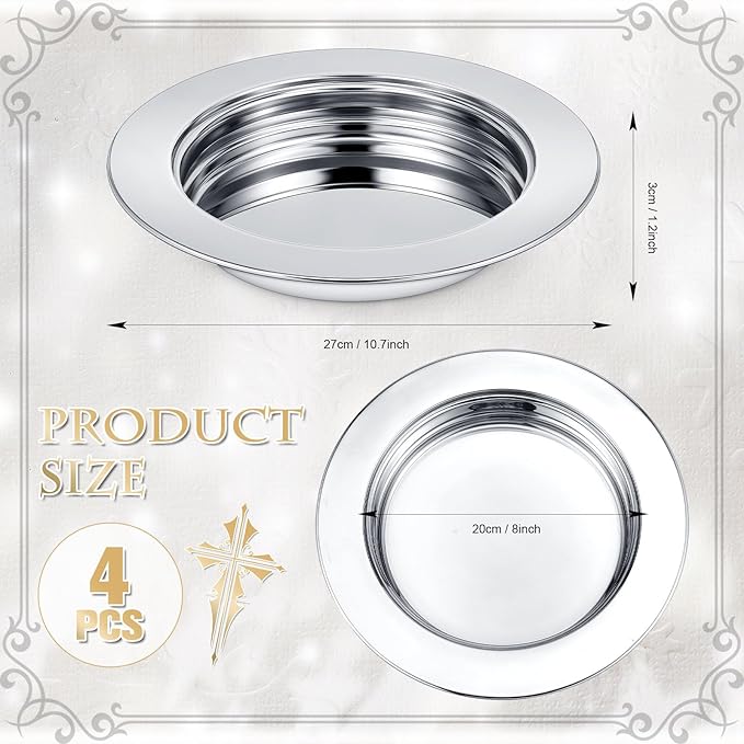 Zhehao 4 Pcs Communion Plates for Church Communion Bread Tray Plate Church Supplies Set Polished Stainless Steel Tray (Silver)