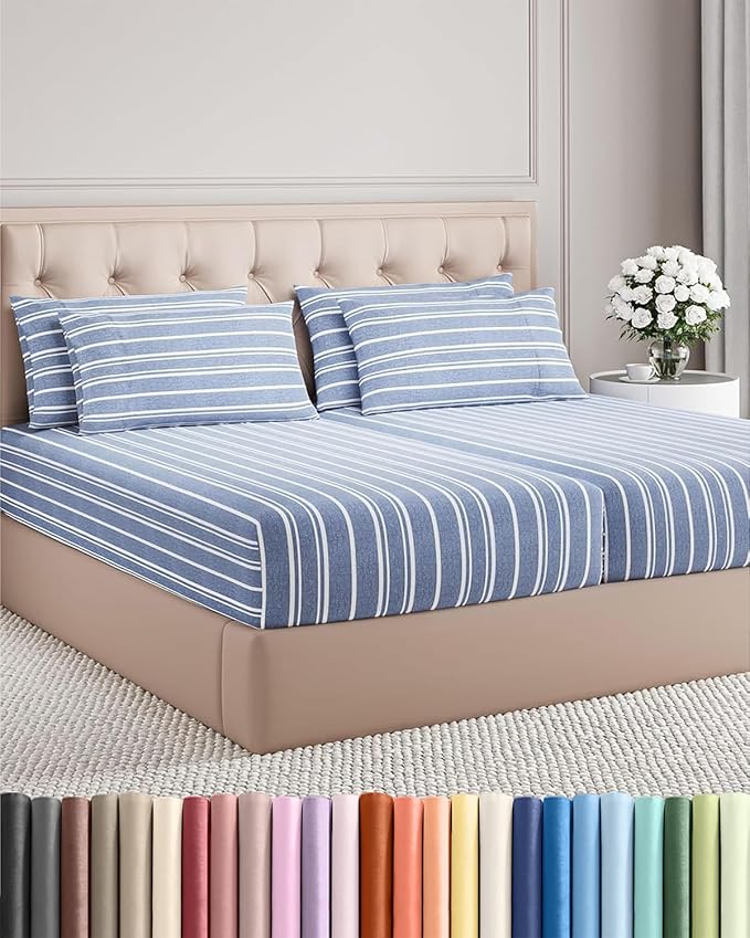 Split King 7 Piece Sheet Set - Cooling & Breathable Bed Sheets - Hotel Luxury Bed Sheets for Women, Men, Kids & Teens - Deep Pockets - Easy Fit - Soft & Wrinkle Free - Split King Blue Stripes Sheets