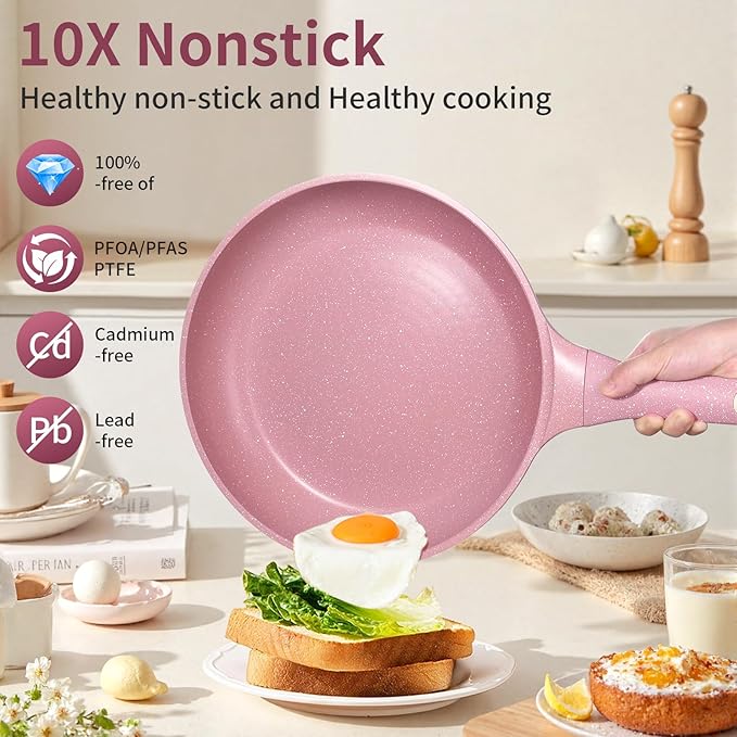 10 Inch Non Stick Frying Pans with Lid - 100% PFOA PFAS Free, Super Nonstick, All Stovetop Compatible Induction Gas Electric, Omelette & Egg Pan, Dishwasher Safe, Eco-Friendly Pink Pan