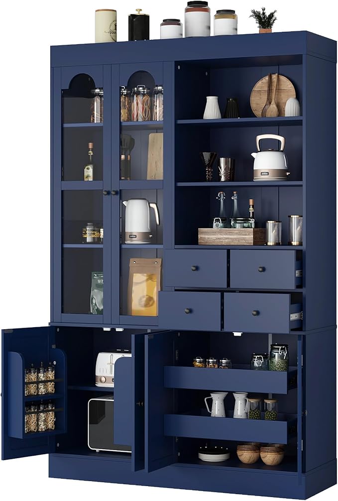 75-inch Tall Kitchen Pantry Cabinet, Freestanding Buffet with Hutch, Storage Cabinet with 4 Drawers, Door Shelves and Pull-Out Trays for Dining Room (Blue + MDF + Farmhouse)