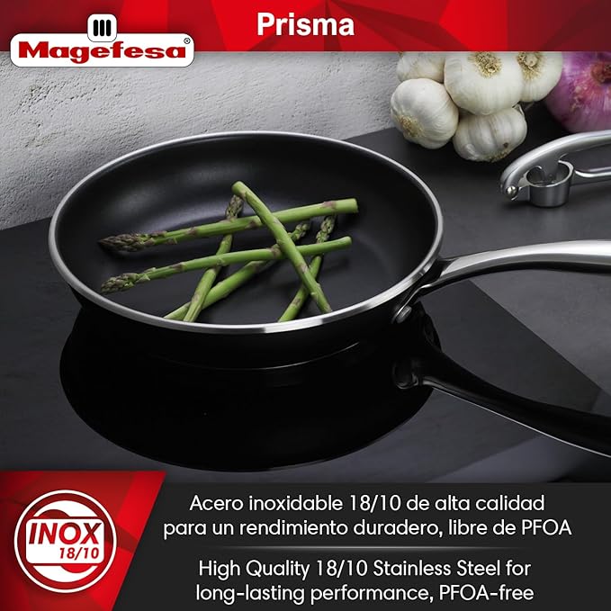 Magefesa Prisma 11-Inch Frying Pan, 18/10 Stainless Steel, Triple-Layer Nonstick, Works on All Stovetops Including Induction, Oven Safe to 392째F, Dishwasher Safe, Durable Skillet
