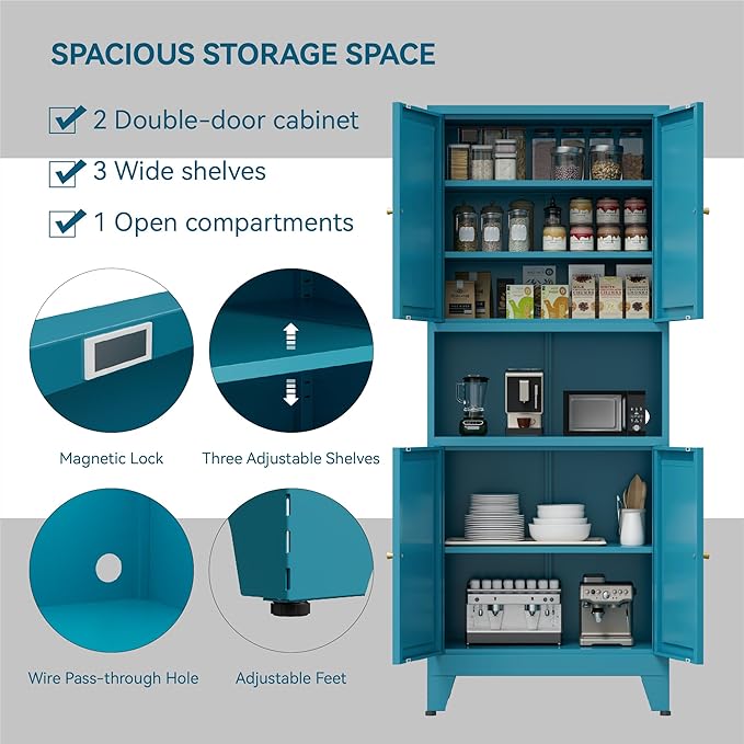 COFaR 69" Tall Modern Kitchen Pantry,Metal Storage Cabinet with Adjustable Shelves,Pantry Cabinet with 6-Tier,Freestanding Cupboard for Kitchen,Dining Room,Living Room,Bathroom,Blue