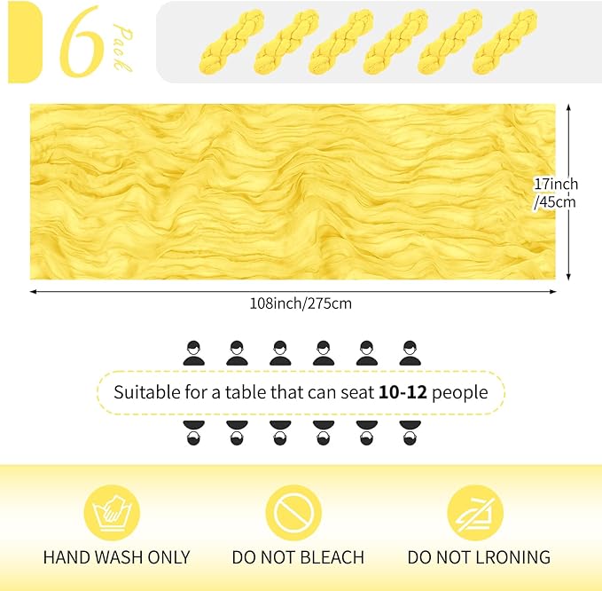 RealBox 6 Pack Lemon Yellow Cheesecloth Table Runner 17x108 Inch Semi Sheer Boho Gauze Cheese Cloth Fabric Table Runners Table Decor for Wedding Party Baby Shower Birthday Home Decor Garden Farmhouse