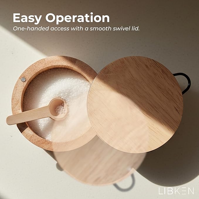 Wooden Salt Box with Lid & Spoon ??Rubberwood Keeper, Magnetic Swivel Top to avoid Dust, Minimal Scandinavian Bowl for Pepper, Spices, Herbs and Salt, Natural Salt Storage Container - Wood Lid