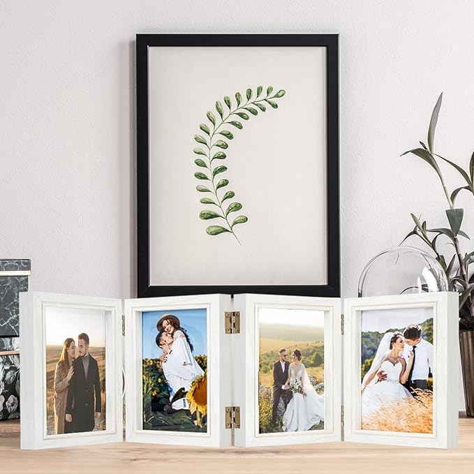 5x7 Four Picture Frame 4 Hinged Photo Frame with 4 Openings, Natural Wood Foldable Photo Frame with High Definition Acrylic for Birthday Father's Day Christmas Gift, Rustic Desk Family Picture Collage, White