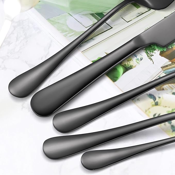 A 쨌 HOUSEWAR Black Flatware Serving Set 7 Piece Stainless Steel Catering Utensils include Soup Ladle Large Slotted Spoon Big Server Fork12??Cake Knife Pizza Spatula Parties Buffet