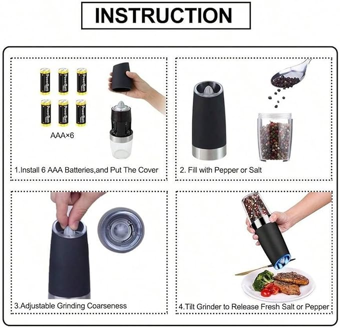 Gravity Electric Salt and Pepper Grinder Set - 2 Pack Automatic Mills with Adjustable Coarseness, LED Light, Battery Powered, One-Handed Use (Black) (Black+Black (Includes Cleaning Brush))